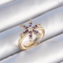 Pirinç Gold Renk Mor Zirkon Taşlı Çiçek Model Kadın Yüzük