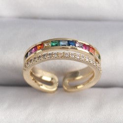 Pirinç Gold Renk Renkli Zirkon Taşlı Kadın Yüzük