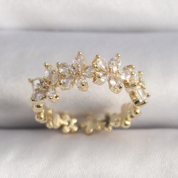 Pirinç Gold Renk Zirkon Taşlı Çiçek Model VIP Seri Kadın Yüzük