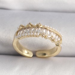 Pirinç Gold Renk Zirkon Taşlı İnci Detay VIP Seri Kadın Yüzük