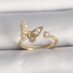 Pirinç Gold Renk Zirkon Taşlı Kelebek Model İnci Detay Ayarlanabilir Yüzük