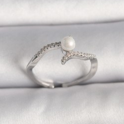 Pirinç Gümüş Renk Zirkon Taşlı Ayarlanabilir Yüzük