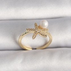 Pirinç Gold Renk Zirkon Taşlı Deniz Yıldızı Model İnci Detay Ayarlababilir Yüzük