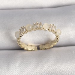 Pirinç Gold Renk Zirkon Taşlı Beyaz Mineli Ayarlanabilir Yüzük