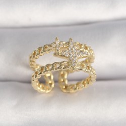 Pirinç Gold Renk 2'Li Zincir Zirkon Taşlı Yıldız Figür Kadın Kolye