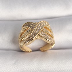 Pirinç Gold Renk Ayarlanabilir Zirkon Taşlı X Model Kadın Yüzük