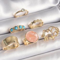 Pirinç Gold Renk Daire Pembe Mineli Zirkon Taş Detaylı 6'Lı Kadın Yüzük Seti
