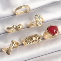 Pirinç Gold Renk Sarmal Modl Zirkon Taşlı Detay 6'Lı Kadın Yüzük Seti