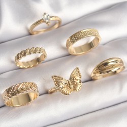 Pirinç Gold Renk Zirkon Taşlı İşleme Detaylı Kelebek Figürlü 6'Lı Kadın Yüzük Seti
