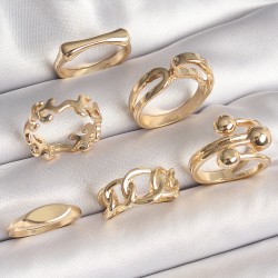 Pirinç Gold Renk Dal İşlemeli Yüzük Topçuk Detay 6'Lı Kadın Seti
