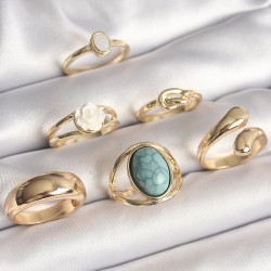 Pirinç Gold Renk Beyaz Gül Figürlü Düğüm Detay 6'Lı Kadın Yüzük Seti