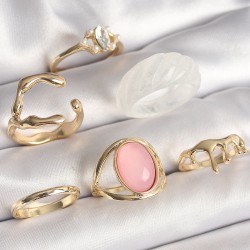 Pirinç Gold Renk Zirkonlı Oval Pembe Mineli 6'Lı Kadın Yüzük Seti