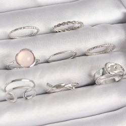 Pirinç Gümüş Renk Pembe Mineli Kemer Düğüm Figür Kadın Yüzük Kombini