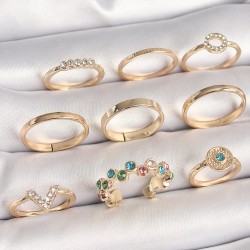 Pirinç Gold Renk Renkli Zirkon Taşlı Kadın Yüzük Kombini