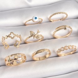 Pirinç Gold Renk Nazar Boncuk Model Kuş Detay Kadın Yüzük Kombini