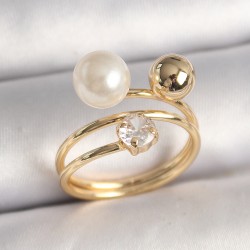 Pirinç Gold Renk Zirkon Taşlı Top İnci Model Kadın Yüzük