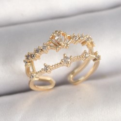Pirinç Gold Renk Zirkon Taşlı Taç Model Ayarlanabilir Kadın Yüzük