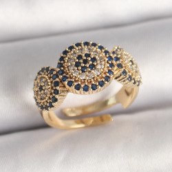 Pirinç Gold Renk Zirkon Taşlı Nazar Boncuk Model Ayarlanabilir Kadın Yüzük