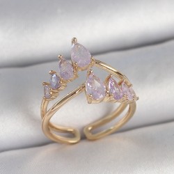 Pirinç Gold Renk Mor Damla Zirkon Taşlı Taç Model Kadın Yüzük