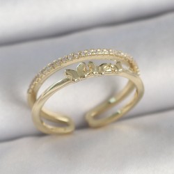 Pirinç Gold Renk 2'Li Sıra Zirkon Taş Detaylı Kelebek Figürlü Ayarlanabilir Model Kadın Yüzük