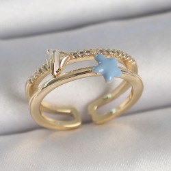 Pirinç Gold Renk 2'Li Zirkon Taşlı Mavi Yıldız Figür Ayarlanabilir Kadın Yüzük