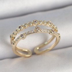 Pirinç Gold Renk 2'Li Sıralı Zirkon Taşlı Ayarlanabilir Model Kadın Yüzük