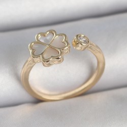 Pirinç Gold Renk Beyaz Mineli Yonca Model Zirkon Taş Detay Ayarlanabilir Kadın Yüzük
