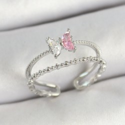 Pirinç Kelebek Figürlü Zirkon Taşlı Gümüş Renk Ayarlanabilir Kadın Yüzük