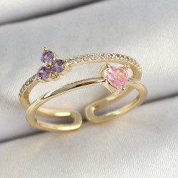 Pirinç Kalp Ve Çiçek Figürlü Zirkon Taşlı Gold Renk Ayarlanabilir Kadın Yüzük