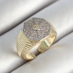 Pirinç Sekizgen Figür Zirkon Taşlı Gold Renk Ayarlanabilir Kadın Yüzük