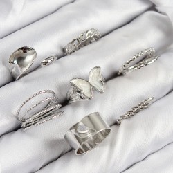 Pirinç Kelebek Model Gümüş Renk Kadın Yüzük Kombin Set