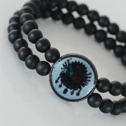 Mavi Renkli Metal Üzerine Osmanlı Arma Figürlü Siyah Renk Çift Sıra Doğal Taş Erkek Bileklik