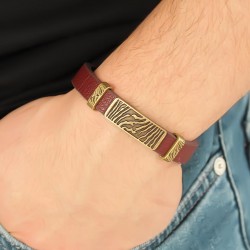 Eskitme Renk Metal Zebra Aksesuarlı Kahverengi Deri Erkek Bileklik