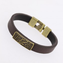 Eskitme Metal Zebra Aksesuarlı Kahverengi Deri Erkek Bileklik