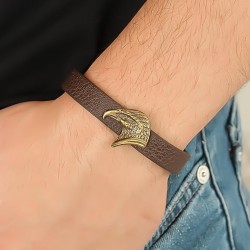 Eskitme Renk Metal Kartal Aksesuarlı Kahverengi Deri Erkek Bileklik