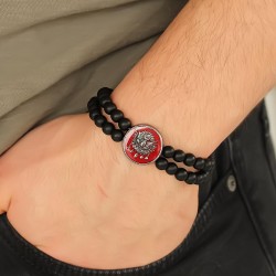 Osmanlı Tuğralı Kırmızı Metal Aksesuarlı Siyah Oniks Doğal Taş Erkek Bileklik