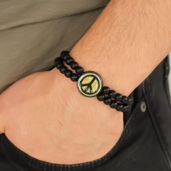 Barış Figürlü Siyah Metal Aksesuarlı Oniks Doğal Taş Erkek Bileklik