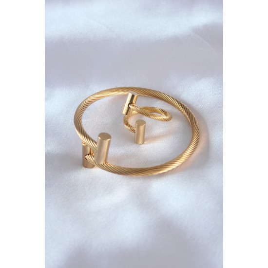 Çelik Gold Renk Burgu Model Erkek Bileklik Yüzük Seti Çelik Gold Renk Burgu Model Erkek Bileklik Yüzük Seti