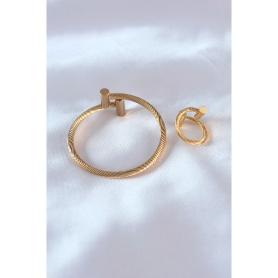 Çelik Gold Renk Burgu Model Erkek Bileklik Yüzük Seti Çelik Gold Renk Burgu Model Erkek Bileklik Yüzük Seti