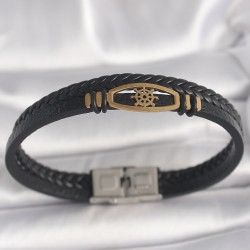 316L Çelik Gold Renk Gemi Dümen Figür Siyah Çift Sıra Burgu Desenli Deri Kordon Erkek Bileklik