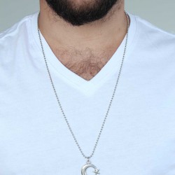 Gümüş Renk Krom Kaplama Kararmaz Ay Yıldız Tasarım Metal Erkek Kolye