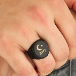 Göktürkçe Türk Yazı ve Ay Yıldız Figürlü Siyah Renk Metal Ayarlamalı Erkek Yüzük