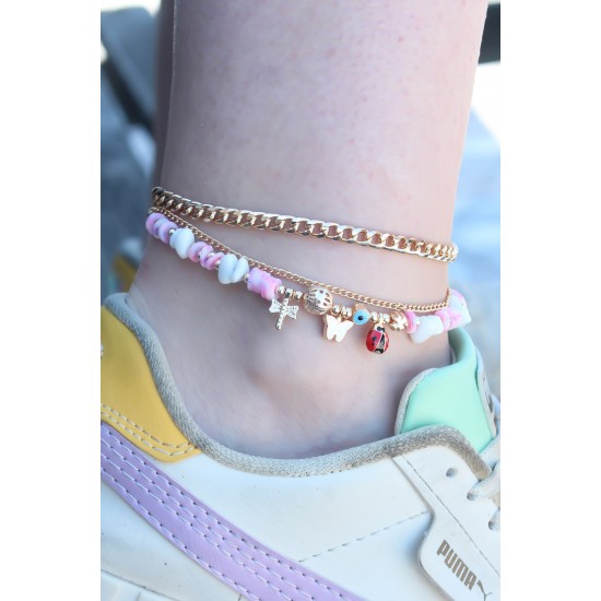 Gold Renk Zincir Model Pembe Boncuk Uğur Böceği Figür Kadın Halhal Gold Renk Zincir Model Pembe Boncuk Uğur Böceği Figür Kadın Halhal