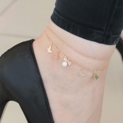 Zirkon Taşlı Rose Renk Çift Zincirli İncili Kelebek Hal
