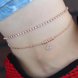 Zirkon Taşlı Rose Renk Kaplama Çift Zincirli Hal