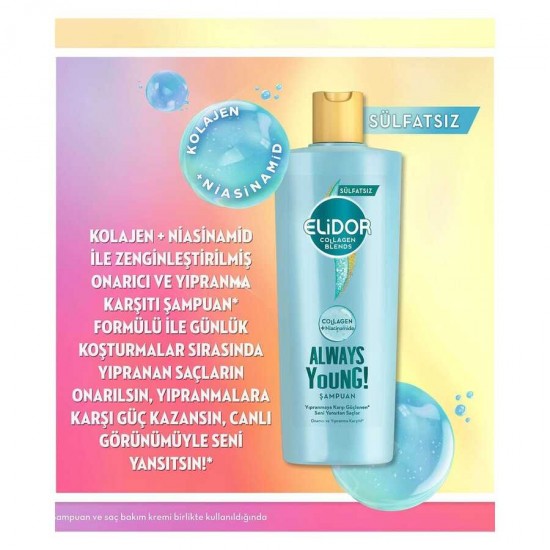 Elidor Collagen Blends Onarıcı Yıpranma Karşıtıı Always Young Sülfatsız Şampuan 350 ml Elidor Collagen Blends Onarıcı Yıpranma Karşıtıı Always Young Sülfatsız Şampuan 350 ml