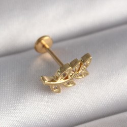 316L Çelik Gold Renk Zirkon Taş Detaylı Yaprak Model Tragus Piercing