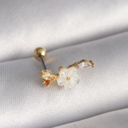 316L Çelik Gold Renk Zirkon Taş Detaylı Beyaz Çiçek Model Tragus Piercing